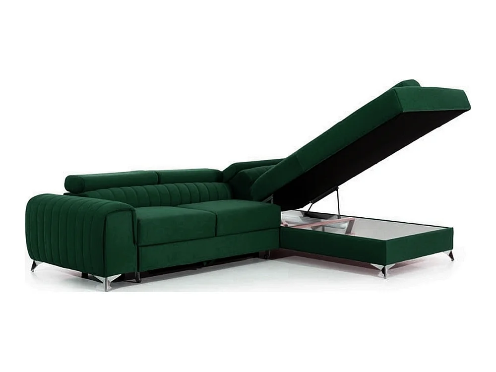 Canapé d'angle convertible - LARRY VELOURS - en tissu Luxe vert, 5 places, angle droit (vu de face)