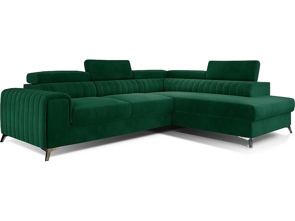 Canapé d'angle convertible - LARRY VELOURS - en tissu Luxe vert, 5 places, angle droit (vu de face)