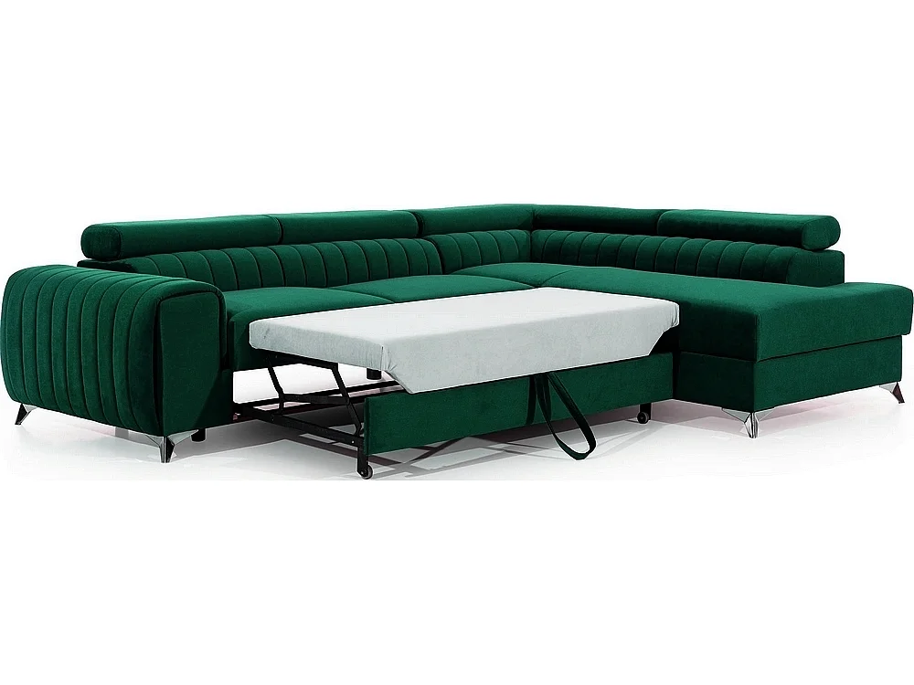 Canapé d'angle convertible - LARRY VELOURS - en tissu Luxe vert, 5 places, angle droit (vu de face)