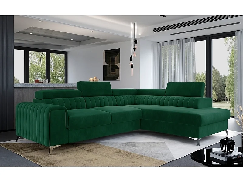 Canapé d'angle convertible - LARRY VELOURS - en tissu Luxe vert, 5 places, angle droit (vu de face)