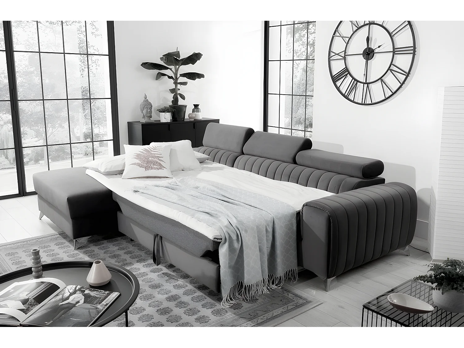 Canapé d'angle convertible en tissu velours Luxe gris, 5 places, angle gauche (vu de face) - GRECE VELOURS