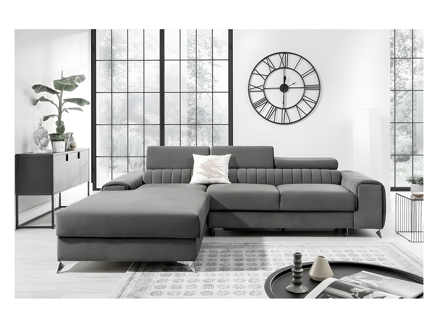 Hoekbank van luxe grijze fluwelen stof met opbergruimte en ergonomische rugleuning - GRECE VELOURS