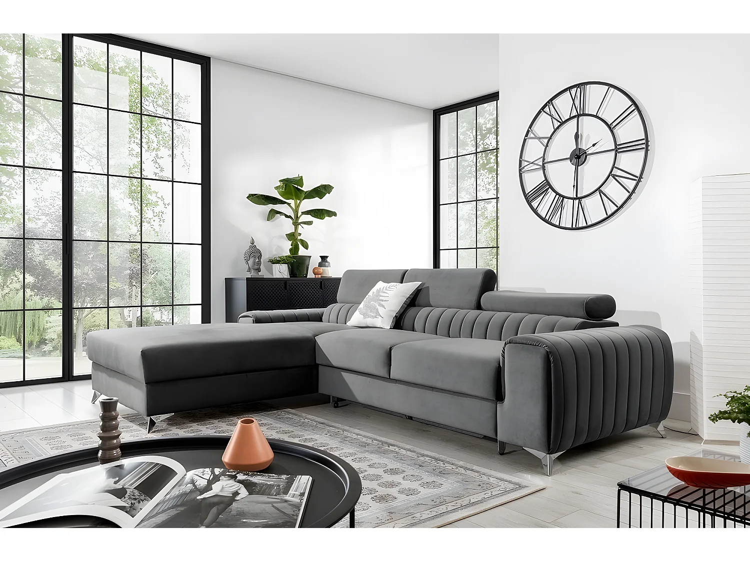 Canapé d'angle convertible en tissu velours Luxe gris, 5 places, angle gauche (vu de face) - GRECE VELOURS