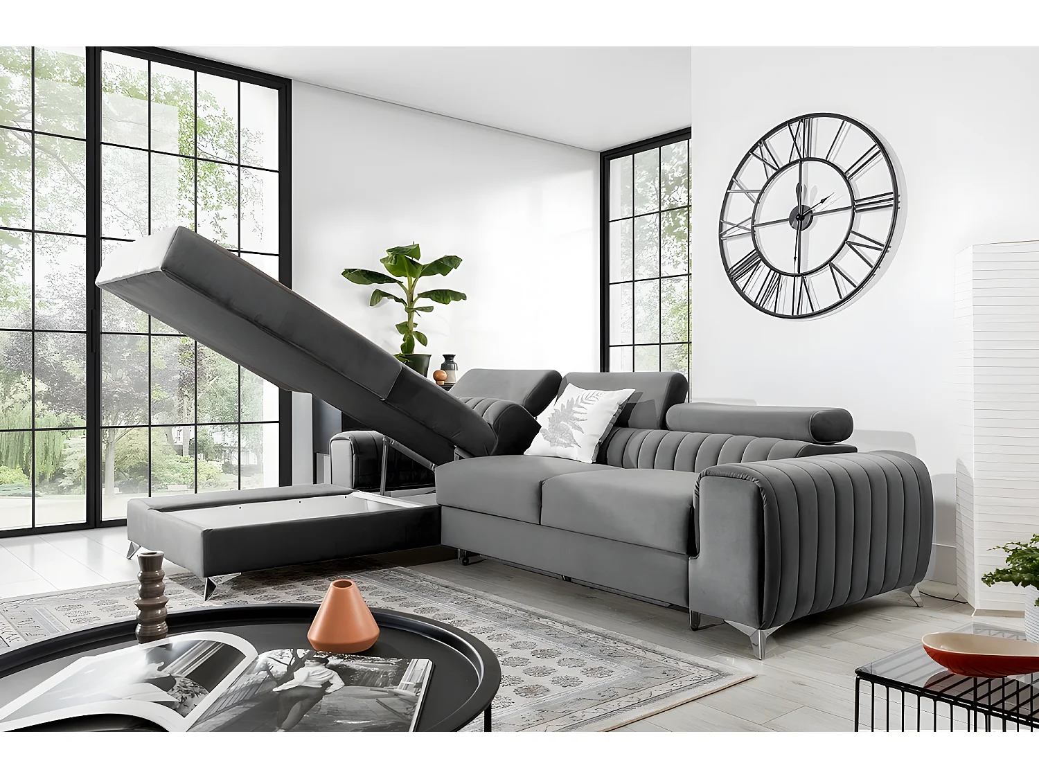 Canapé d'angle convertible en tissu velours Luxe gris, 5 places, angle gauche (vu de face) - GRECE VELOURS