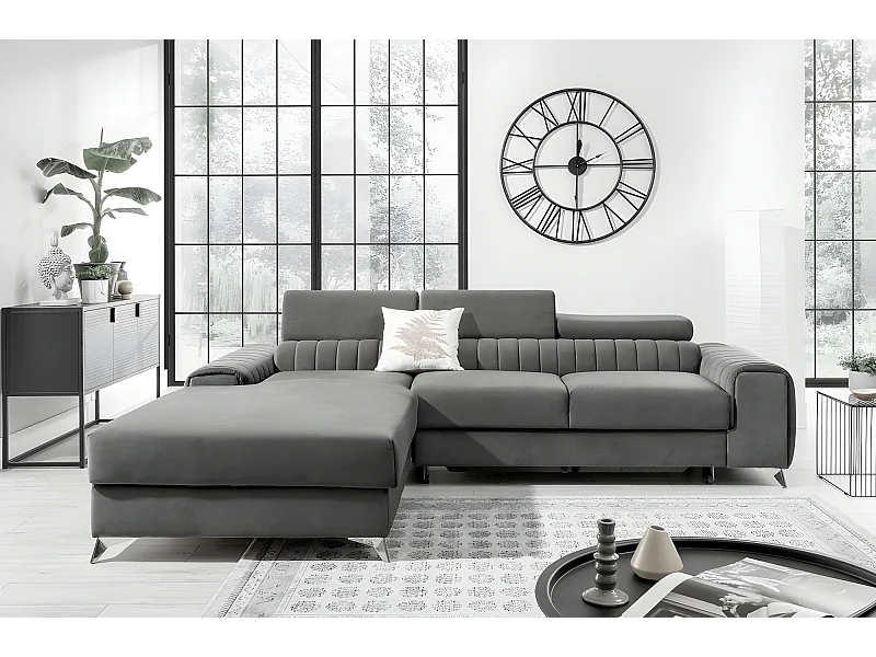 Canapé d'angle convertible en tissu velours Luxe gris, 5 places, angle gauche (vu de face) - GRECE VELOURS