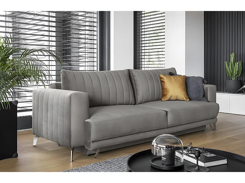 Canapé 3/4 places convertible et espace de rangement - gris - en tissu de qualité luxe, ELSA