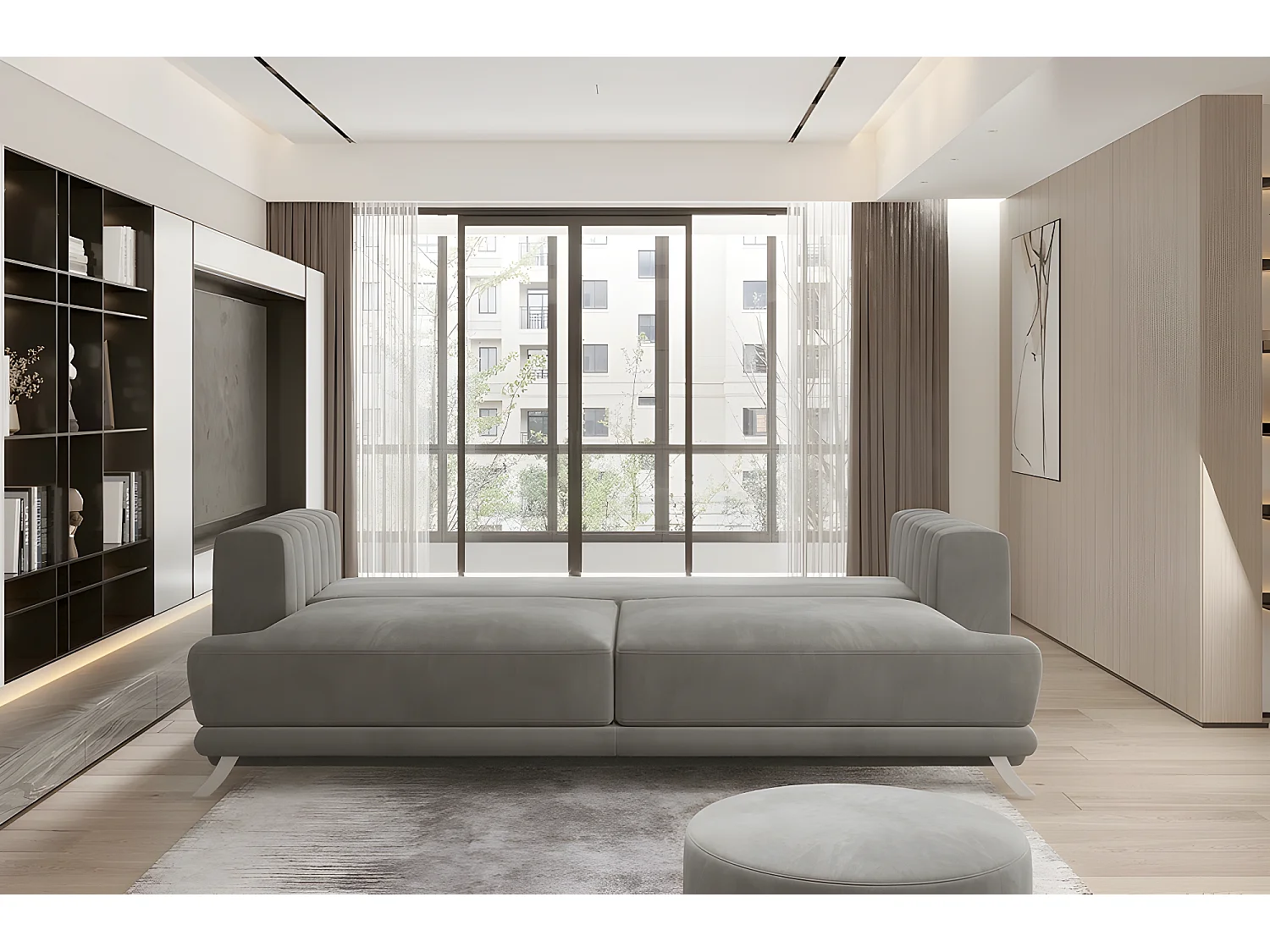 Canapé 3/4 places convertible et espace de rangement - gris - en tissu de qualité luxe, ELSA