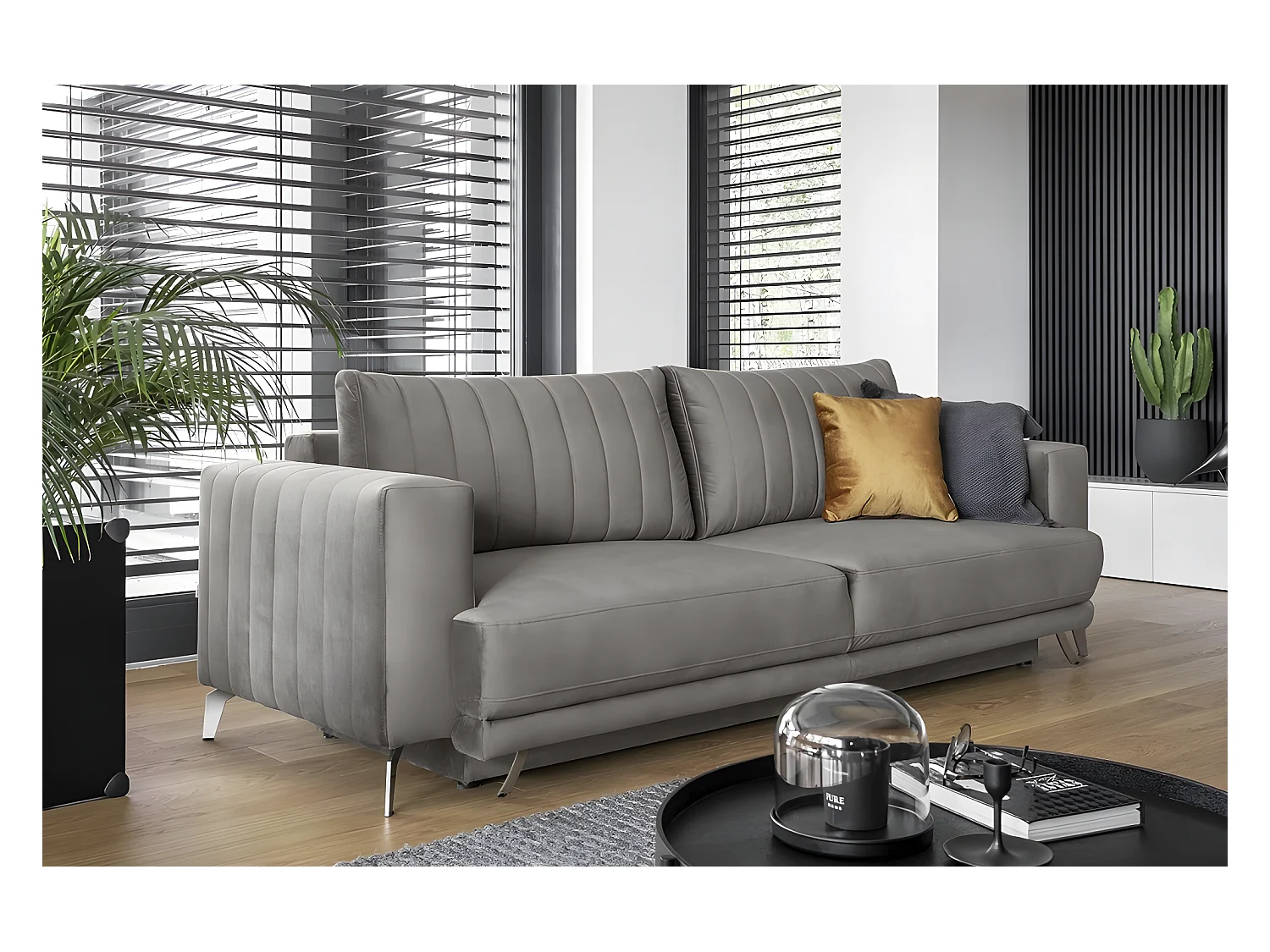 Canapé 3/4 places convertible et espace de rangement - gris - en tissu de qualité luxe, ELSA