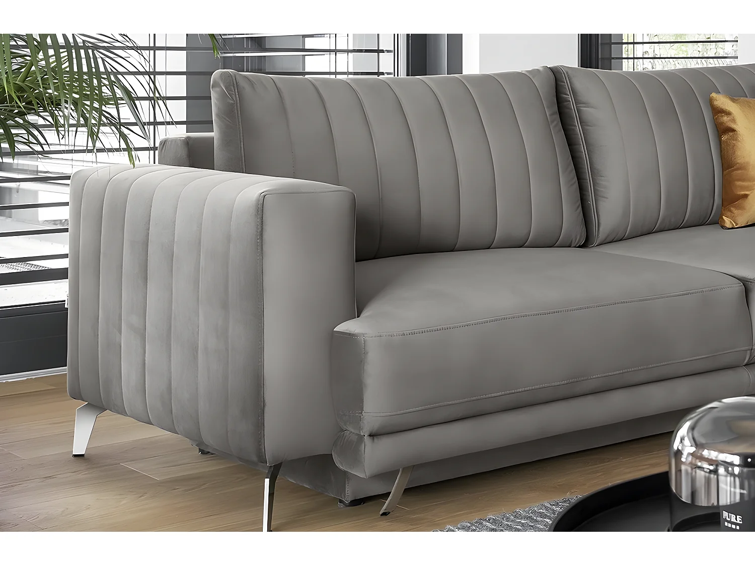 Canapé 3/4 places convertible et espace de rangement - gris - en tissu de qualité luxe, ELSA