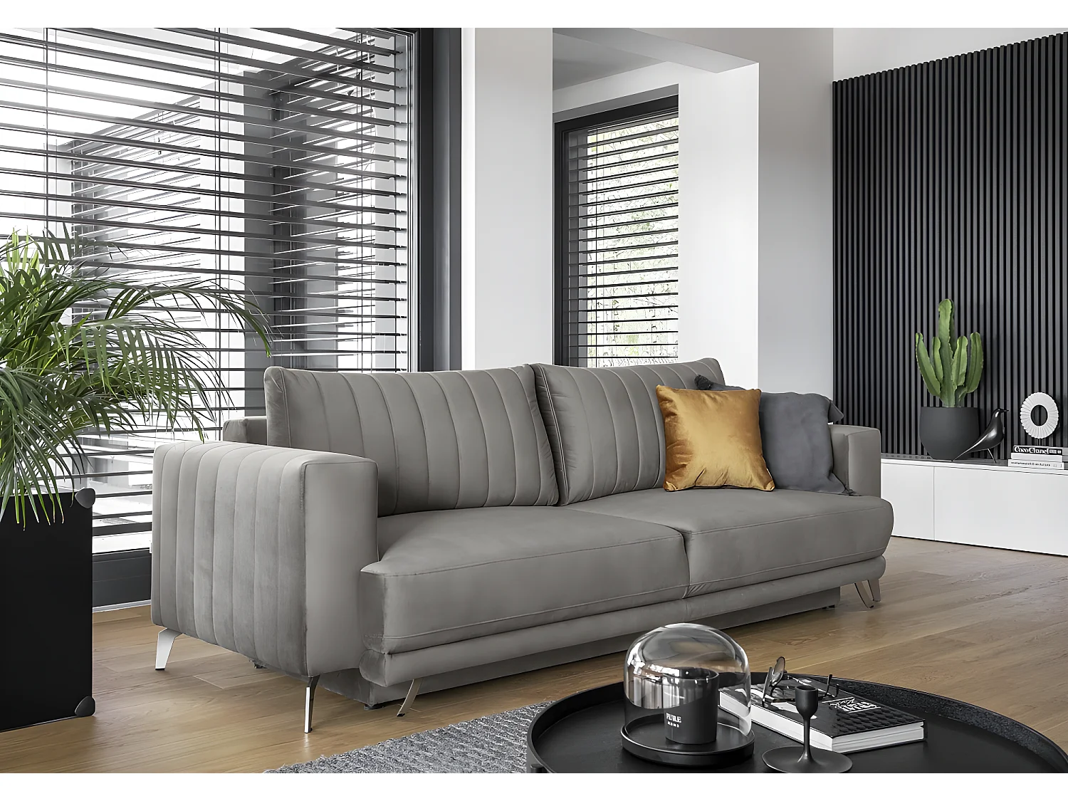 Canapé 3/4 places convertible et espace de rangement - gris - en tissu de qualité luxe, ELSA