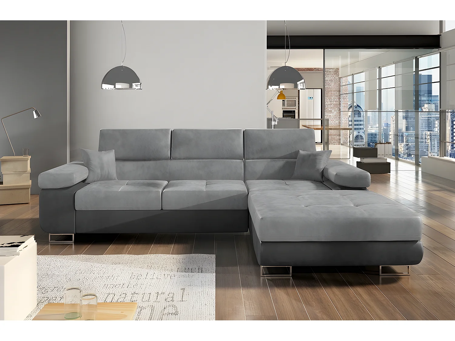 Canapé d'angle convertible ARMEL en tissu velours luxe 5 places, gris clair / gris foncé, bicolore, avec coffre, angle droit (vu de face)