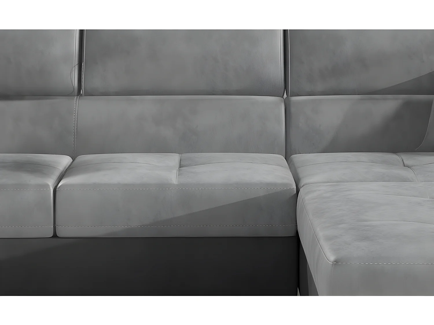 Canapé d'angle convertible ARMEL en tissu velours luxe 5 places, gris clair / gris foncé, bicolore, avec coffre, angle droit (vu de face)