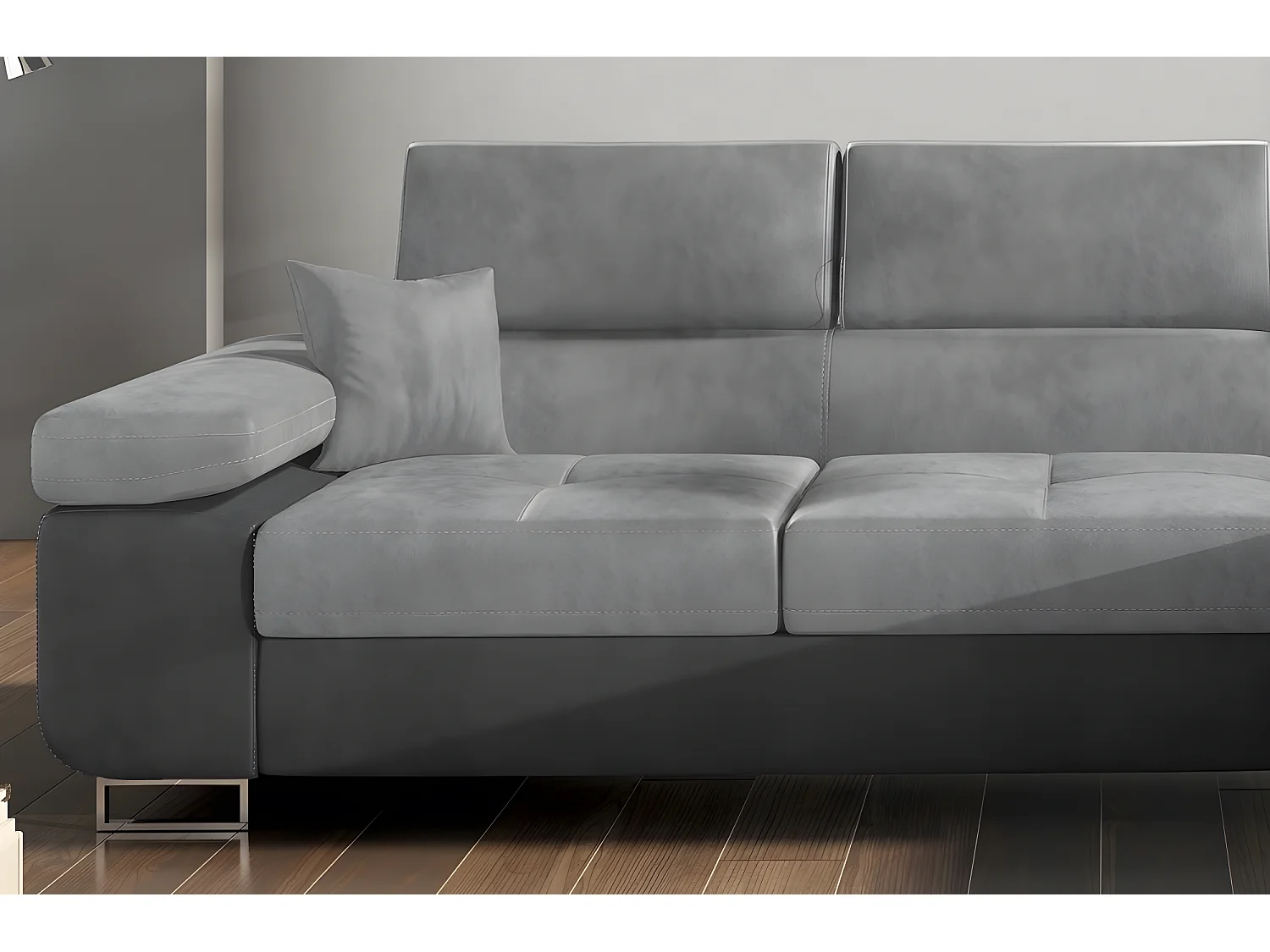 Canapé d'angle convertible ARMEL en tissu velours luxe 5 places, gris clair / gris foncé, bicolore, avec coffre, angle droit (vu de face)