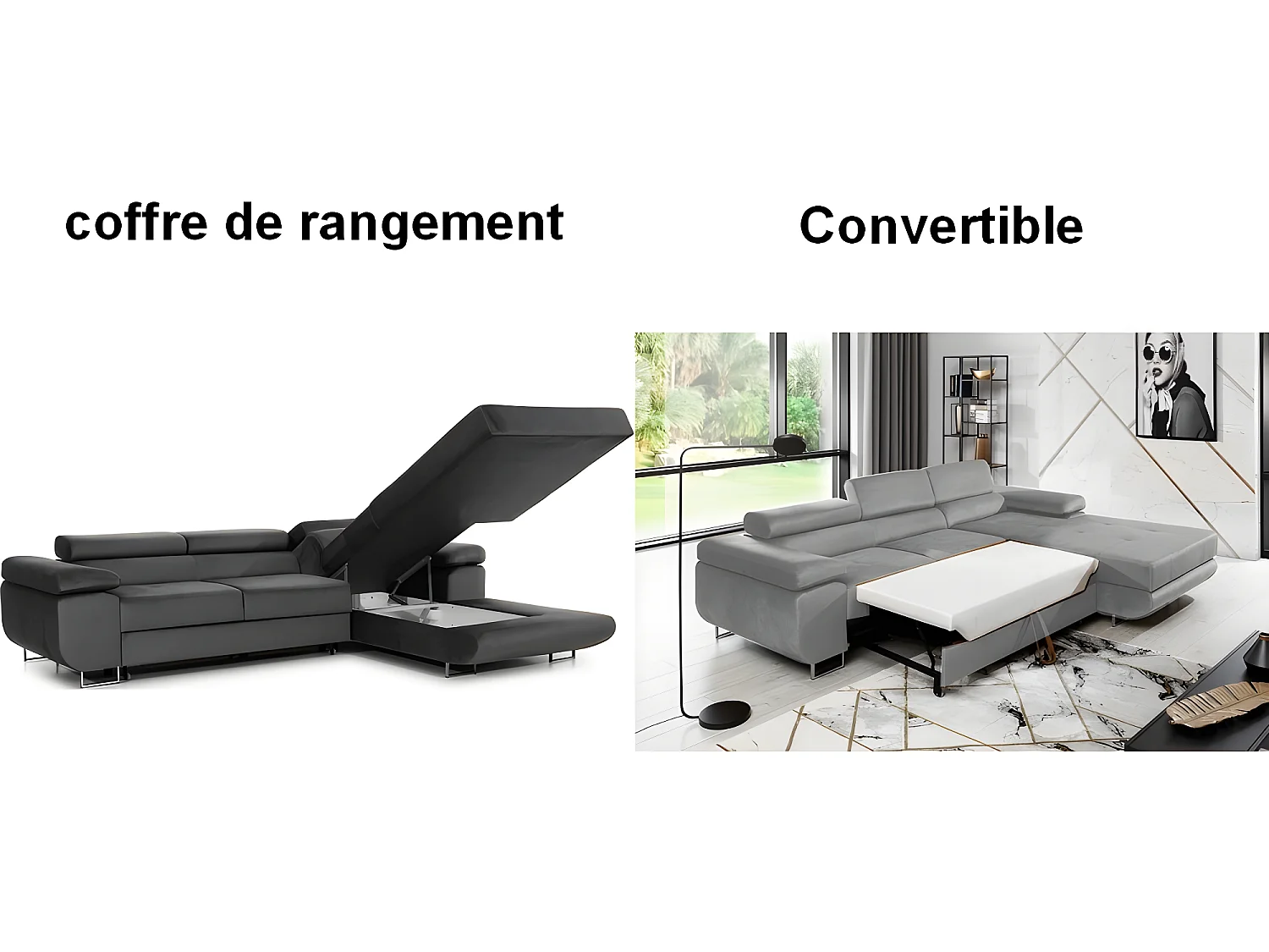 Canapé d'angle convertible ARMEL en tissu velours luxe 5 places, gris clair / gris foncé, bicolore, avec coffre, angle droit (vu de face)