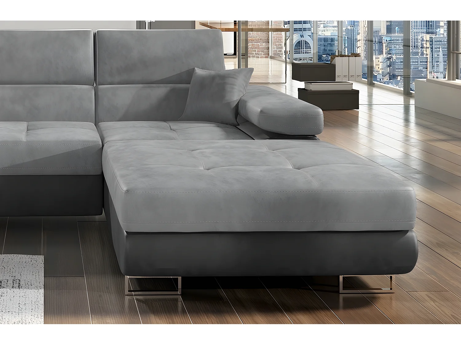 Canapé d'angle convertible ARMEL en tissu velours luxe 5 places, gris clair / gris foncé, bicolore, avec coffre, angle droit (vu de face)