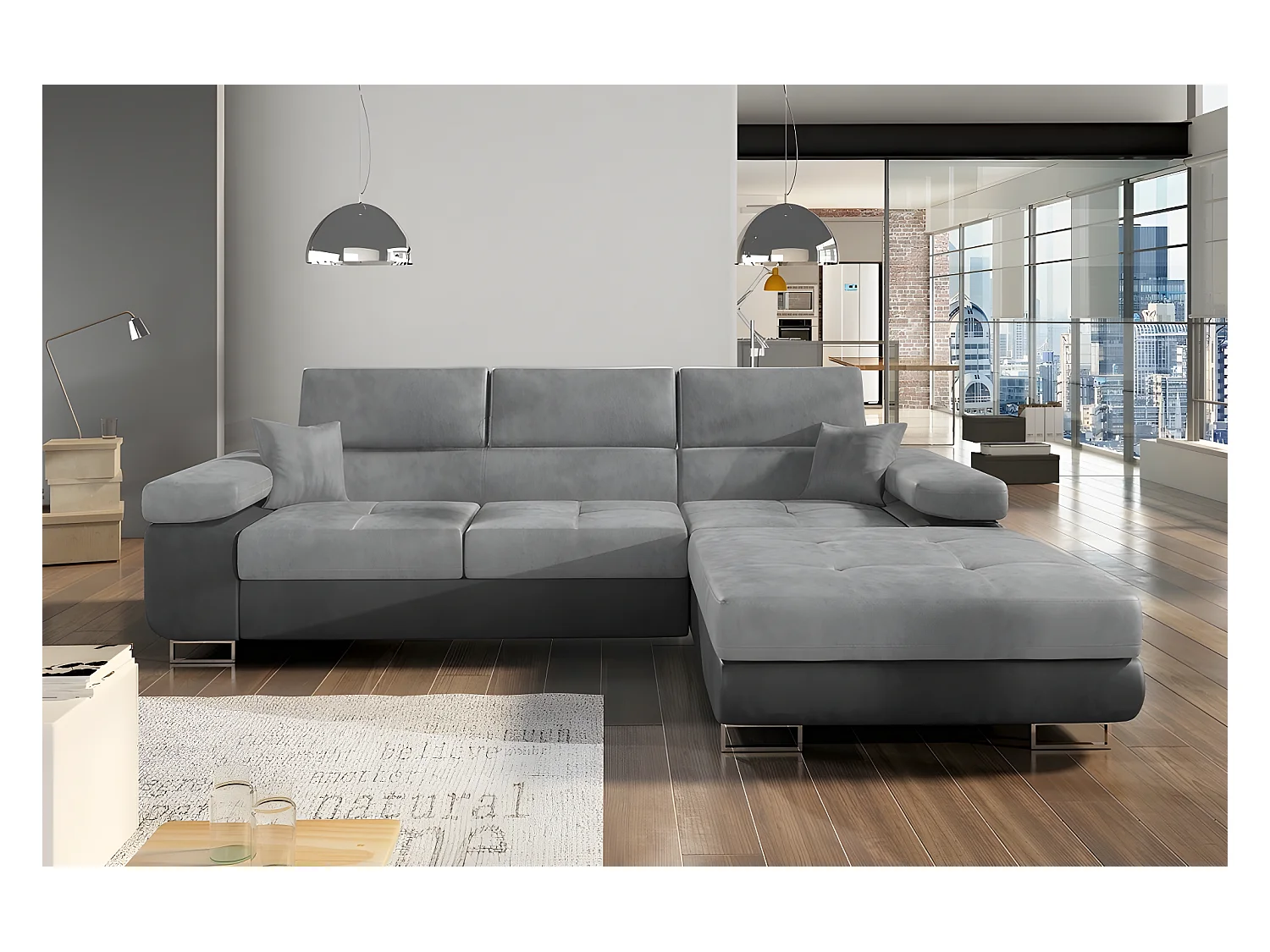 Canapé d'angle convertible ARMEL en tissu velours luxe 5 places, gris clair / gris foncé, bicolore, avec coffre, angle droit (vu de face)