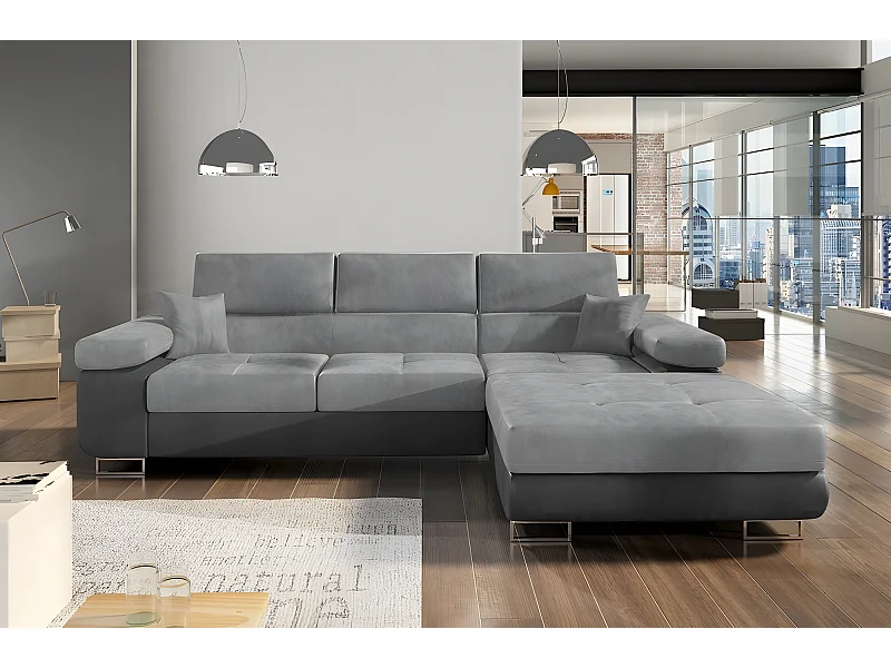 Canapé d'angle convertible ARMEL en tissu velours luxe 5 places, gris clair / gris foncé, bicolore, avec coffre, angle droit (vu de face)