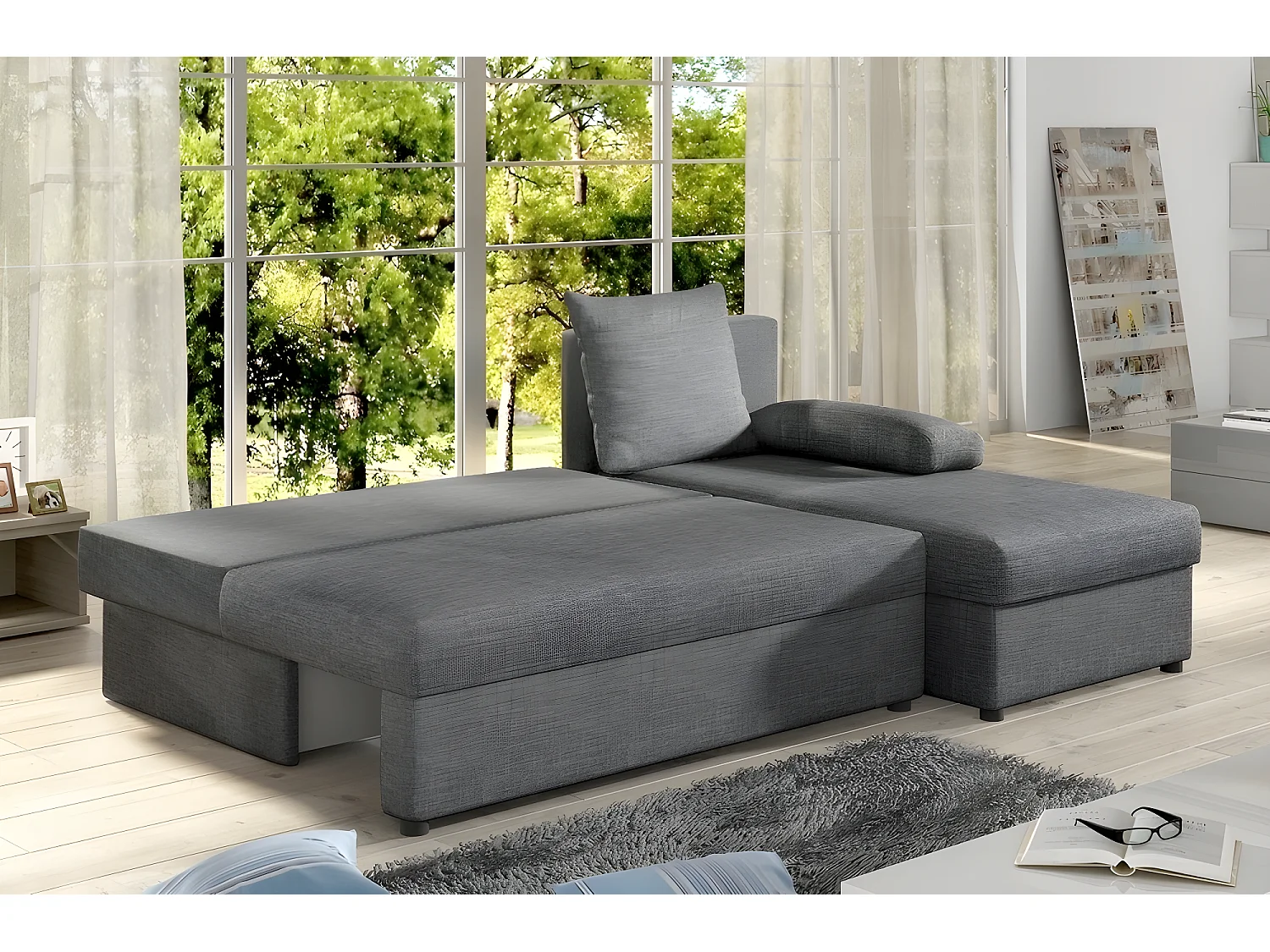 Canapé d'angle convertible - GILO - en tissu luxe 3/4 places, gris, angle droit (vu de face)