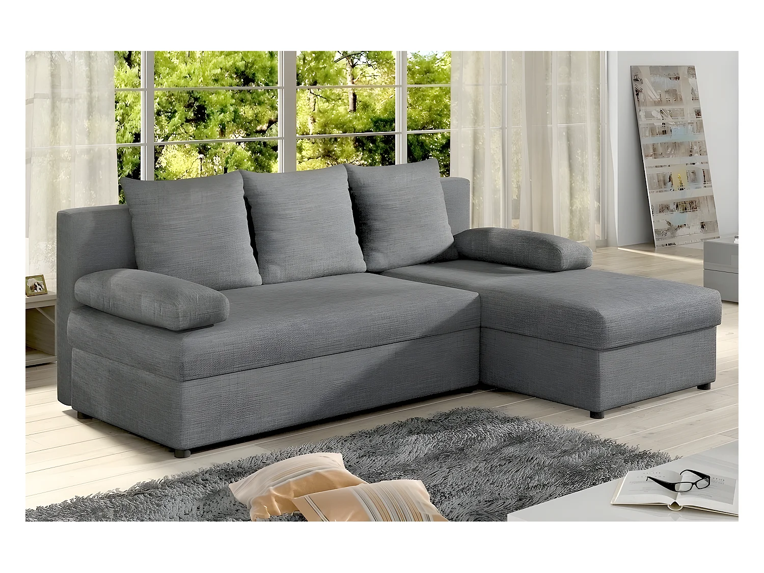Canapé d'angle convertible - GILO - en tissu luxe 3/4 places, gris, angle droit (vu de face)