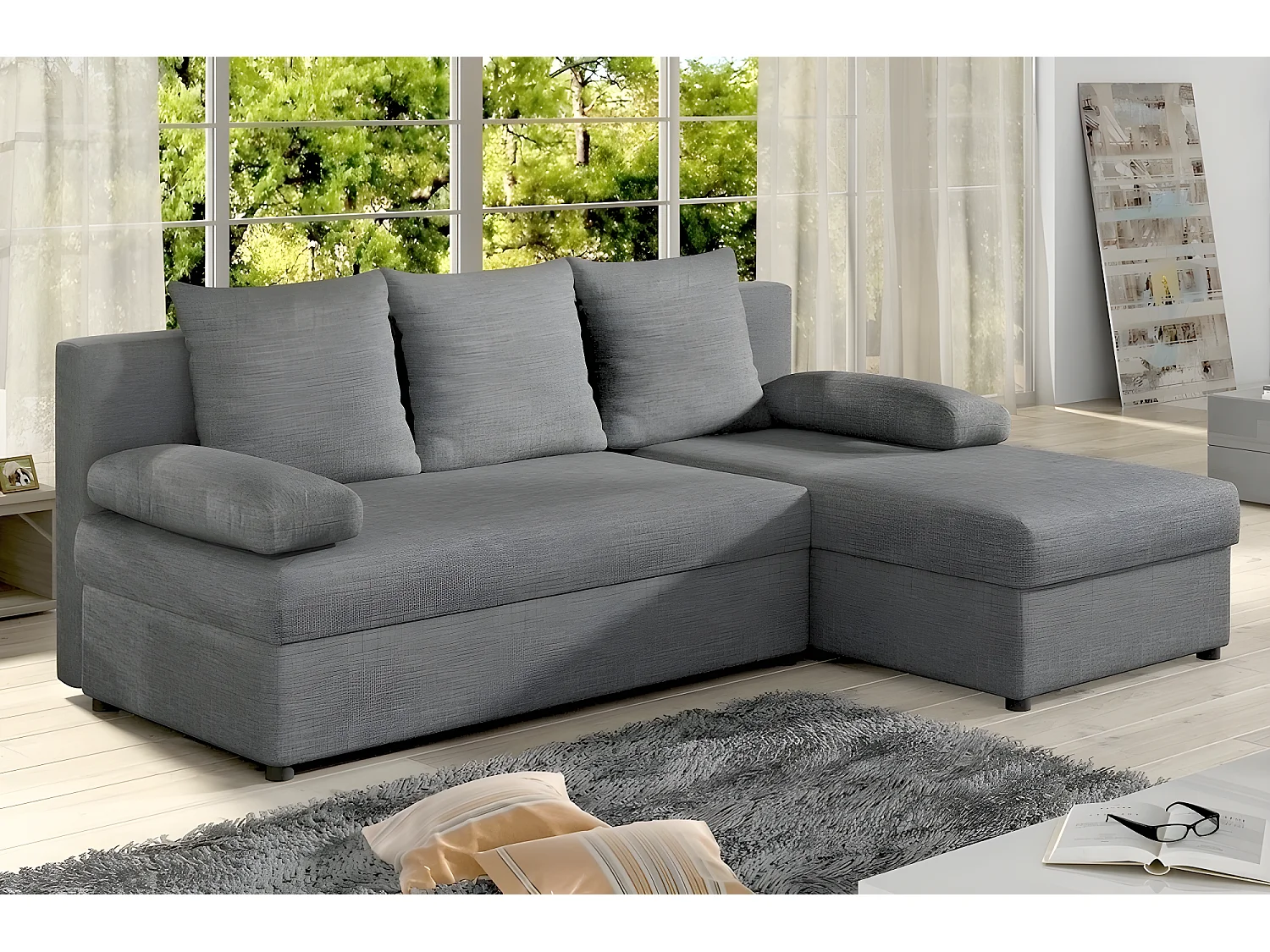 Canapé d'angle convertible - GILO - en tissu luxe 3/4 places, gris, angle droit (vu de face)