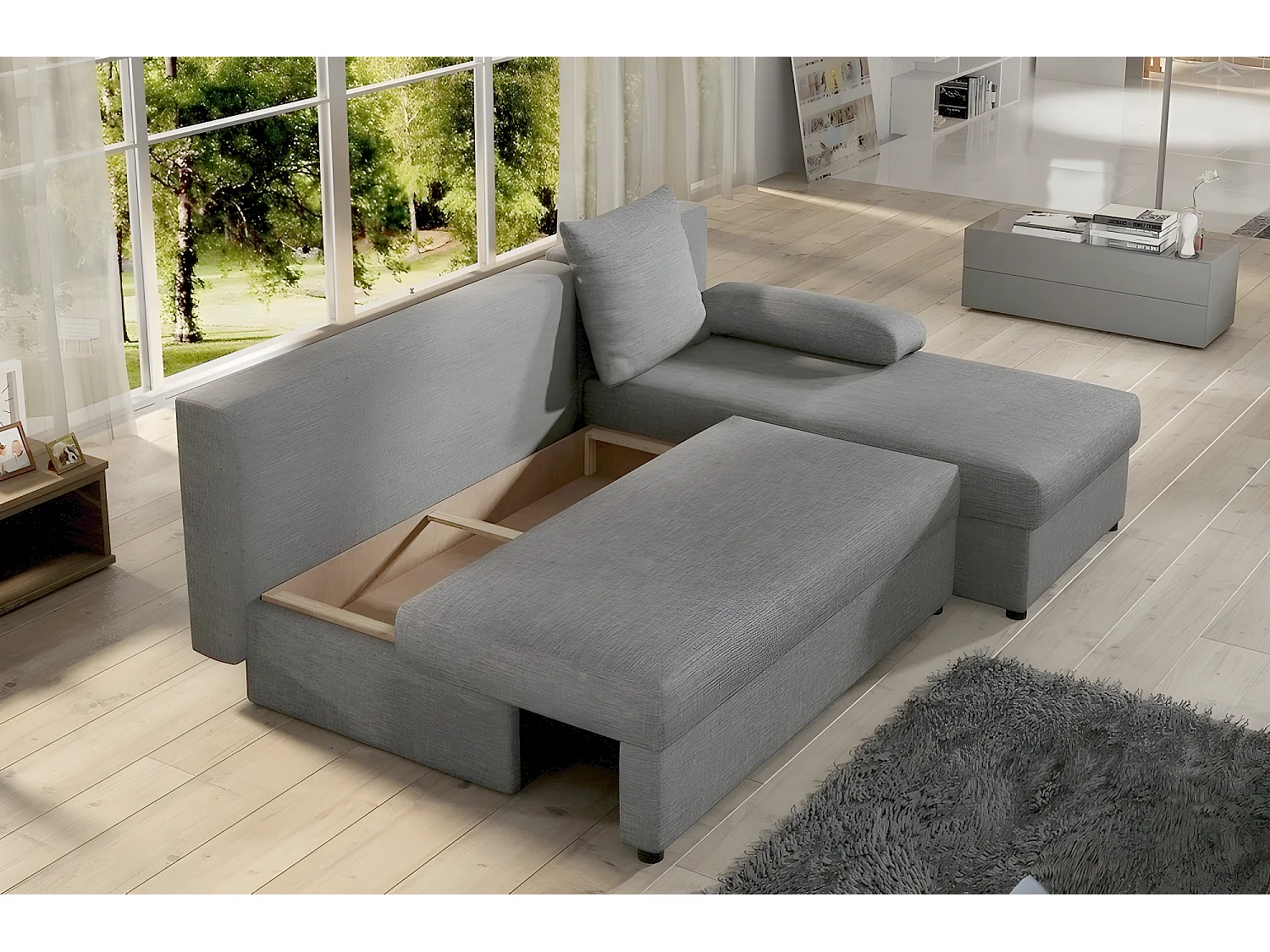Canapé d'angle convertible - GILO - en tissu luxe 3/4 places, gris, angle droit (vu de face)