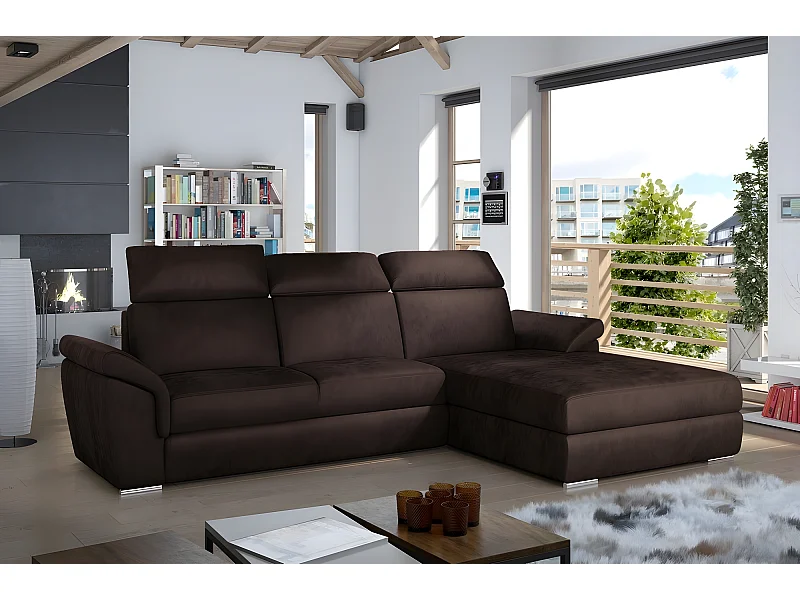 Canapé d'angle convertible en tissu velours Prestige, marron, 5 places, angle droit (vu de face) - TRESOR