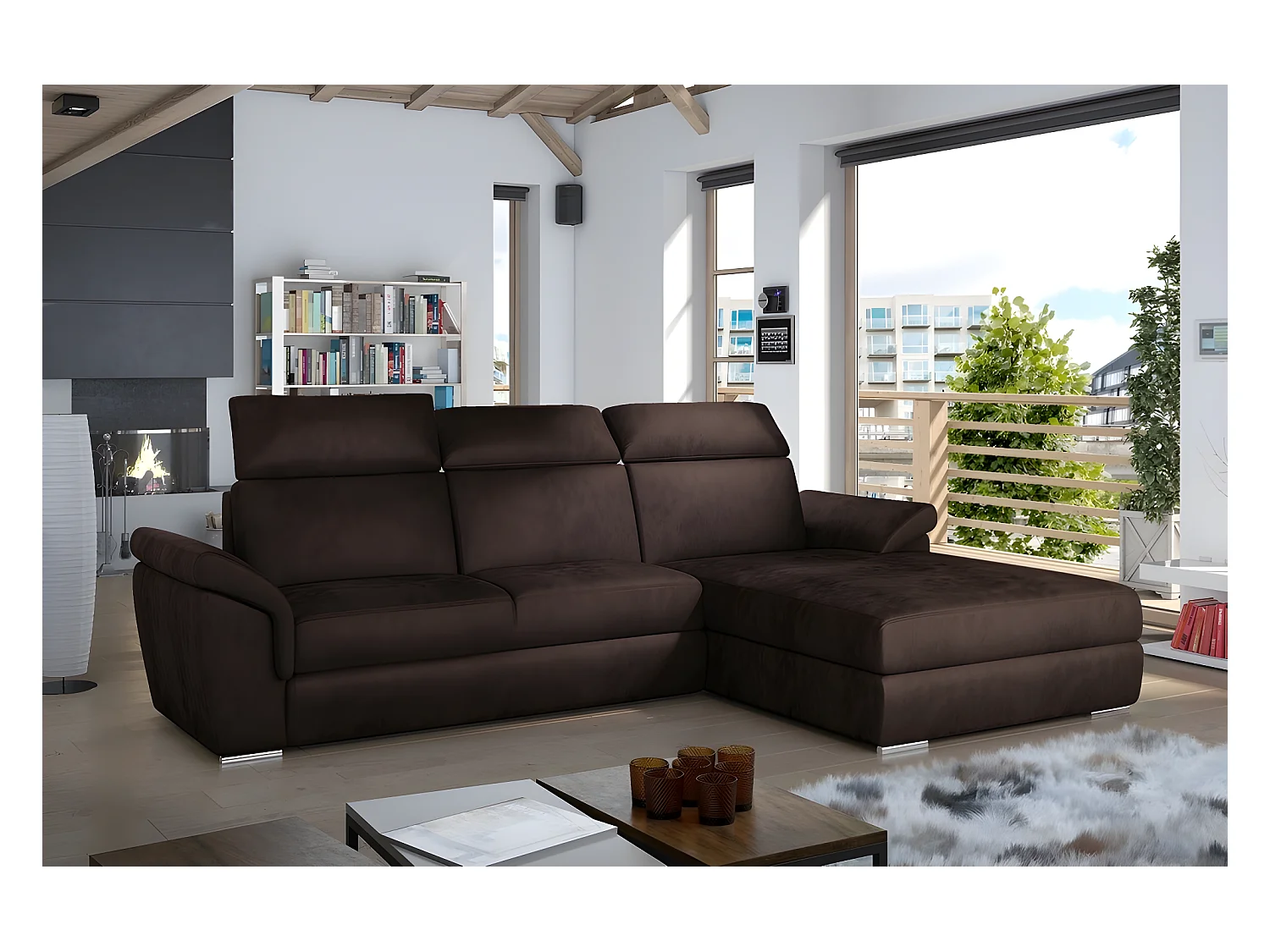 Canapé d'angle convertible en tissu velours Prestige, marron, 5 places, angle droit (vu de face) - TRESOR