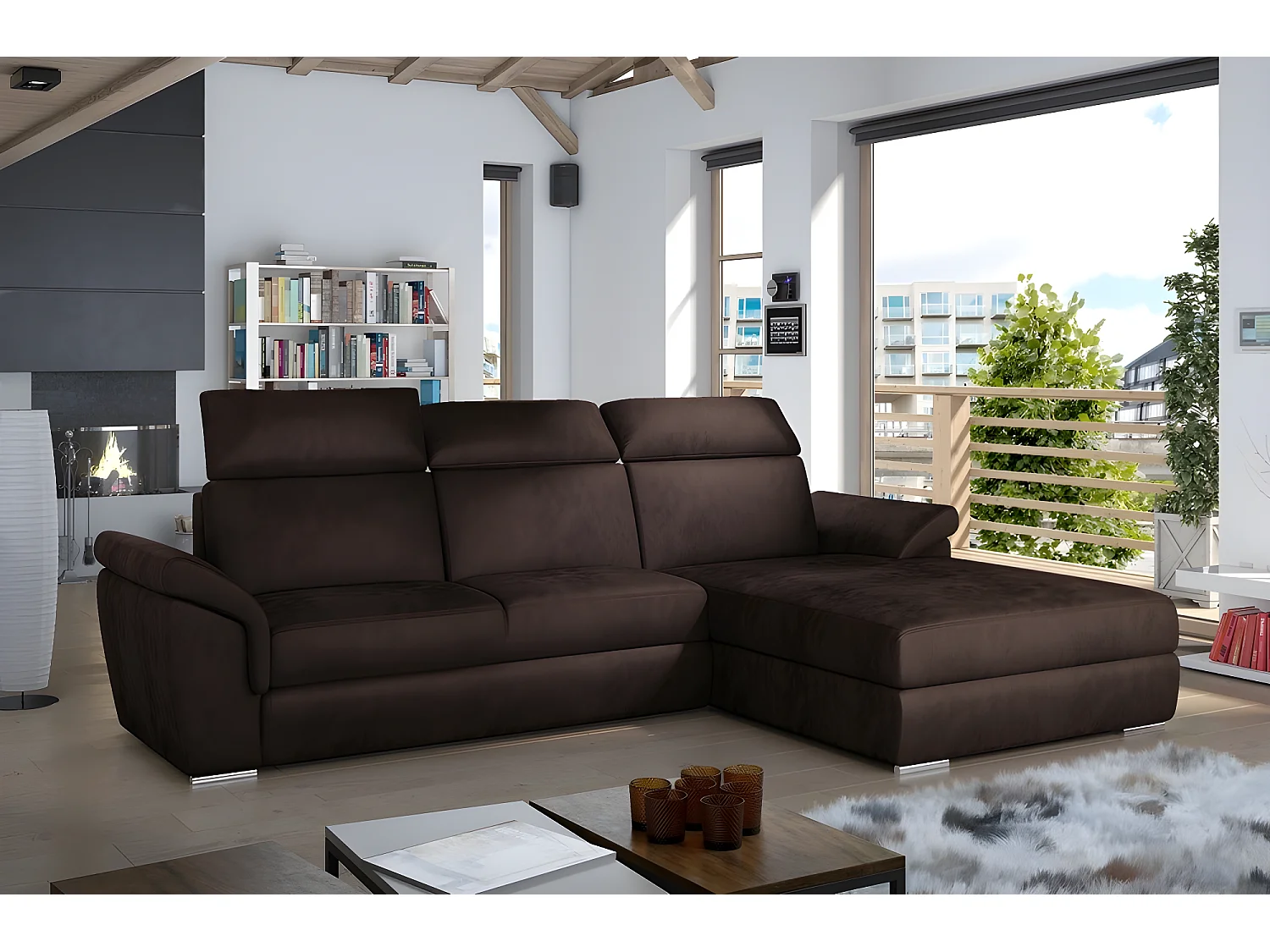 Canapé d'angle convertible en tissu velours Prestige, marron, 5 places, angle droit (vu de face) - TRESOR