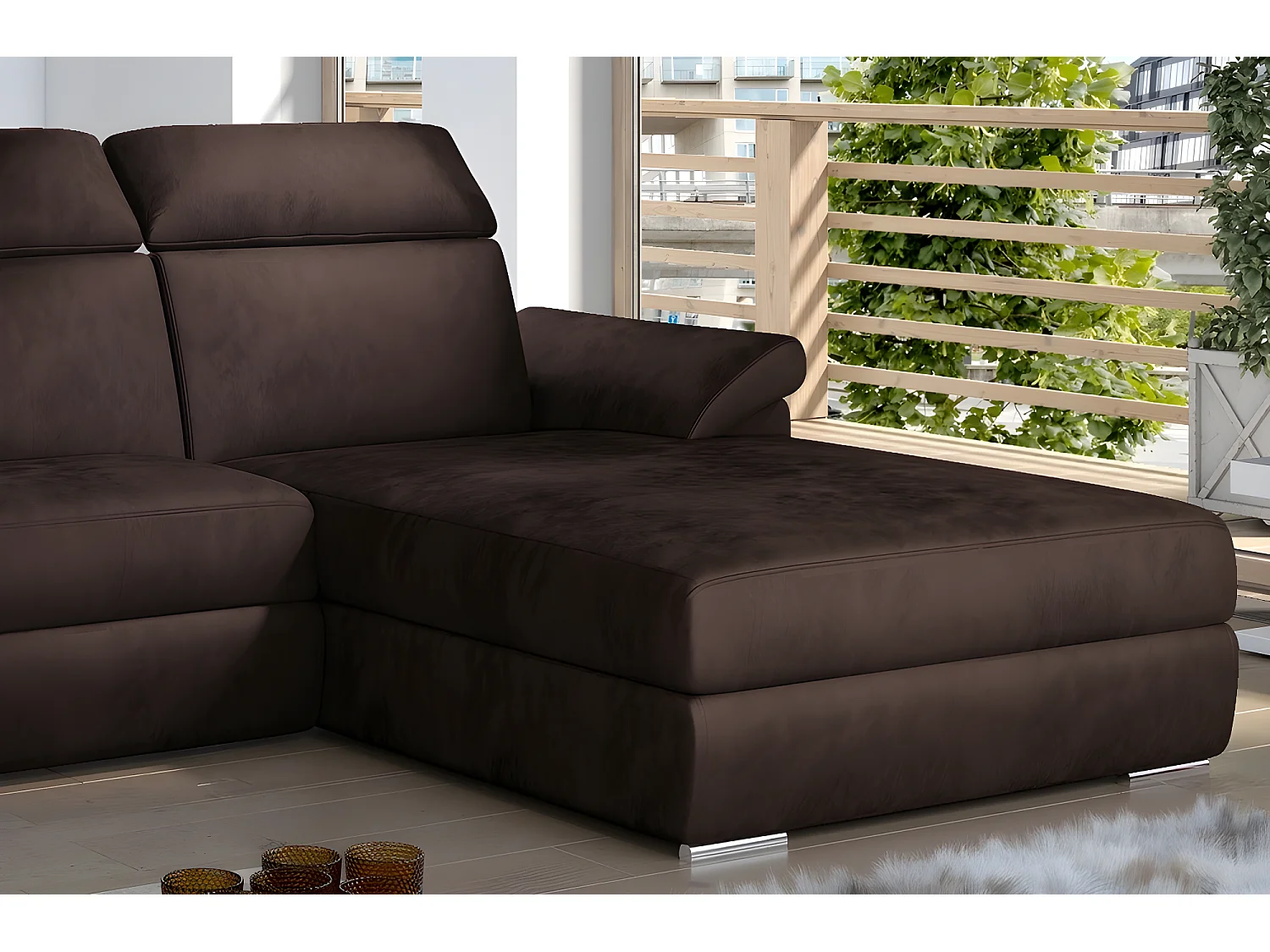 Canapé d'angle convertible en tissu velours Prestige, marron, 5 places, angle droit (vu de face) - TRESOR