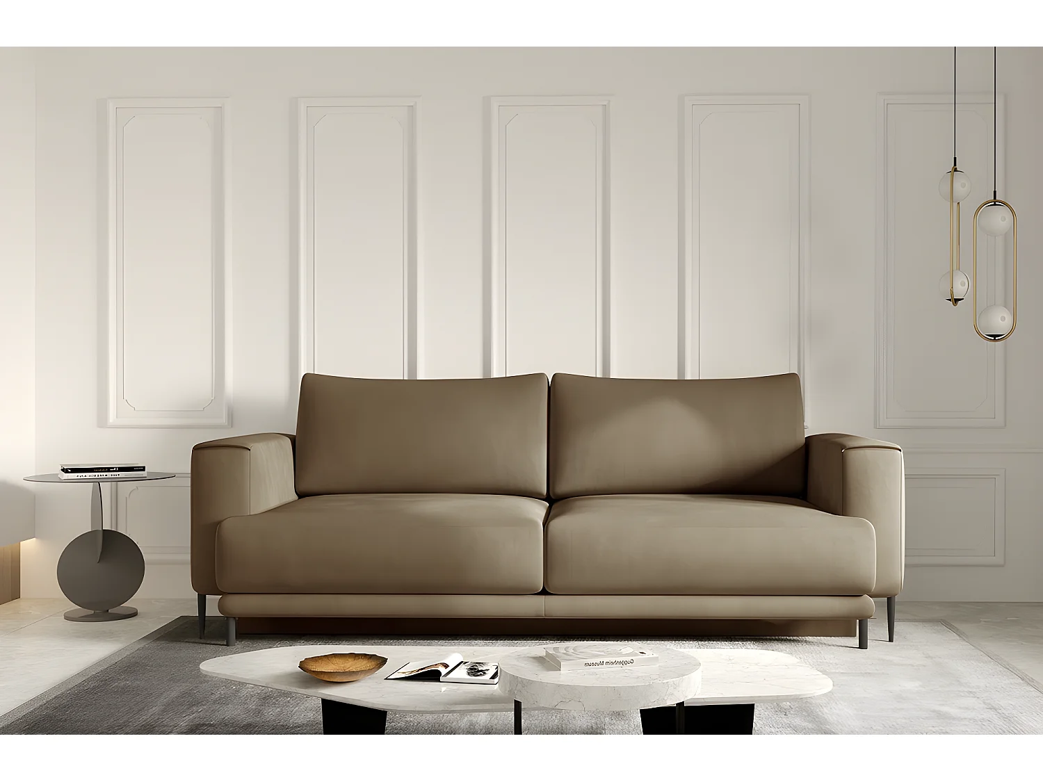 Canapé 3/4 places convertible et espace de rangement - beige - en tissu de qualité, DANY