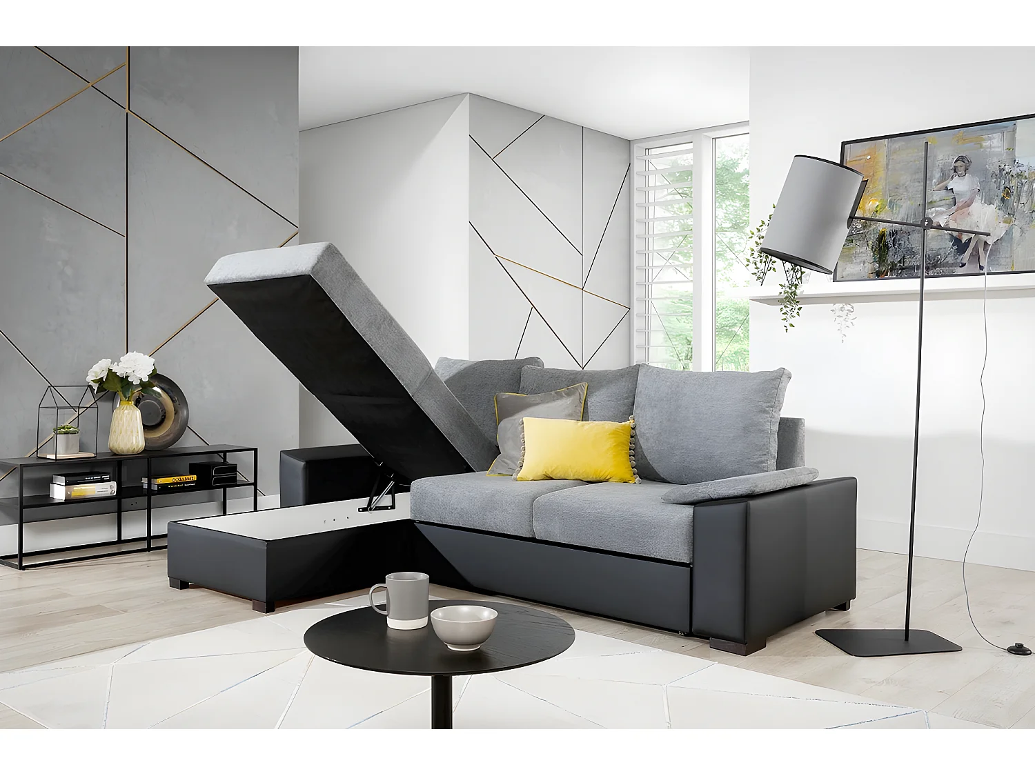 Canapé d'angle convertible - en tissu gris et simili noir, angle gauche (vu de face) - LUCAS