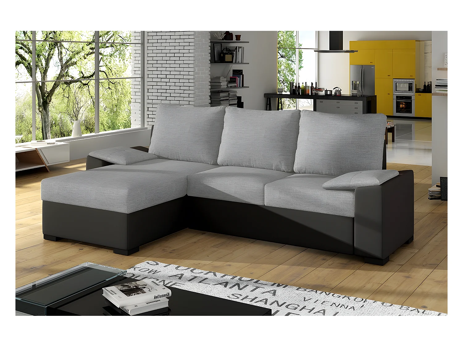 Canapé d'angle convertible - en tissu gris et simili noir, angle gauche (vu de face) - LUCAS