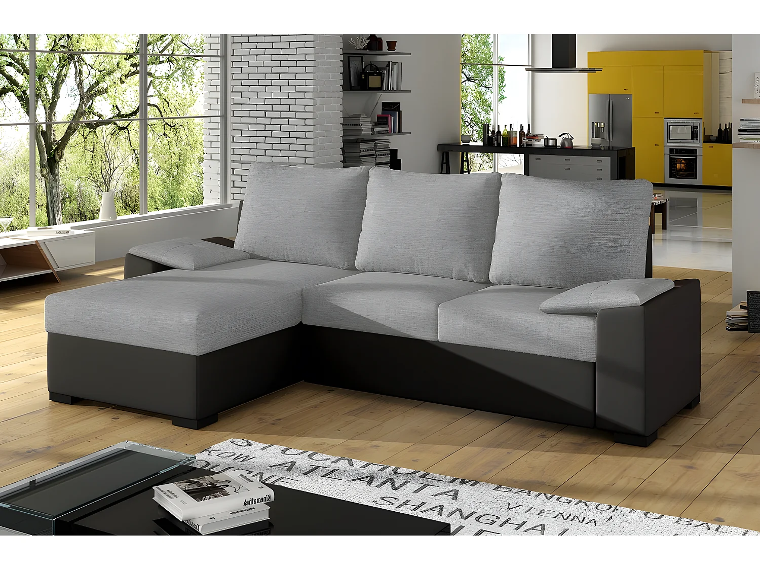 Canapé d'angle convertible - en tissu gris et simili noir, angle gauche (vu de face) - LUCAS