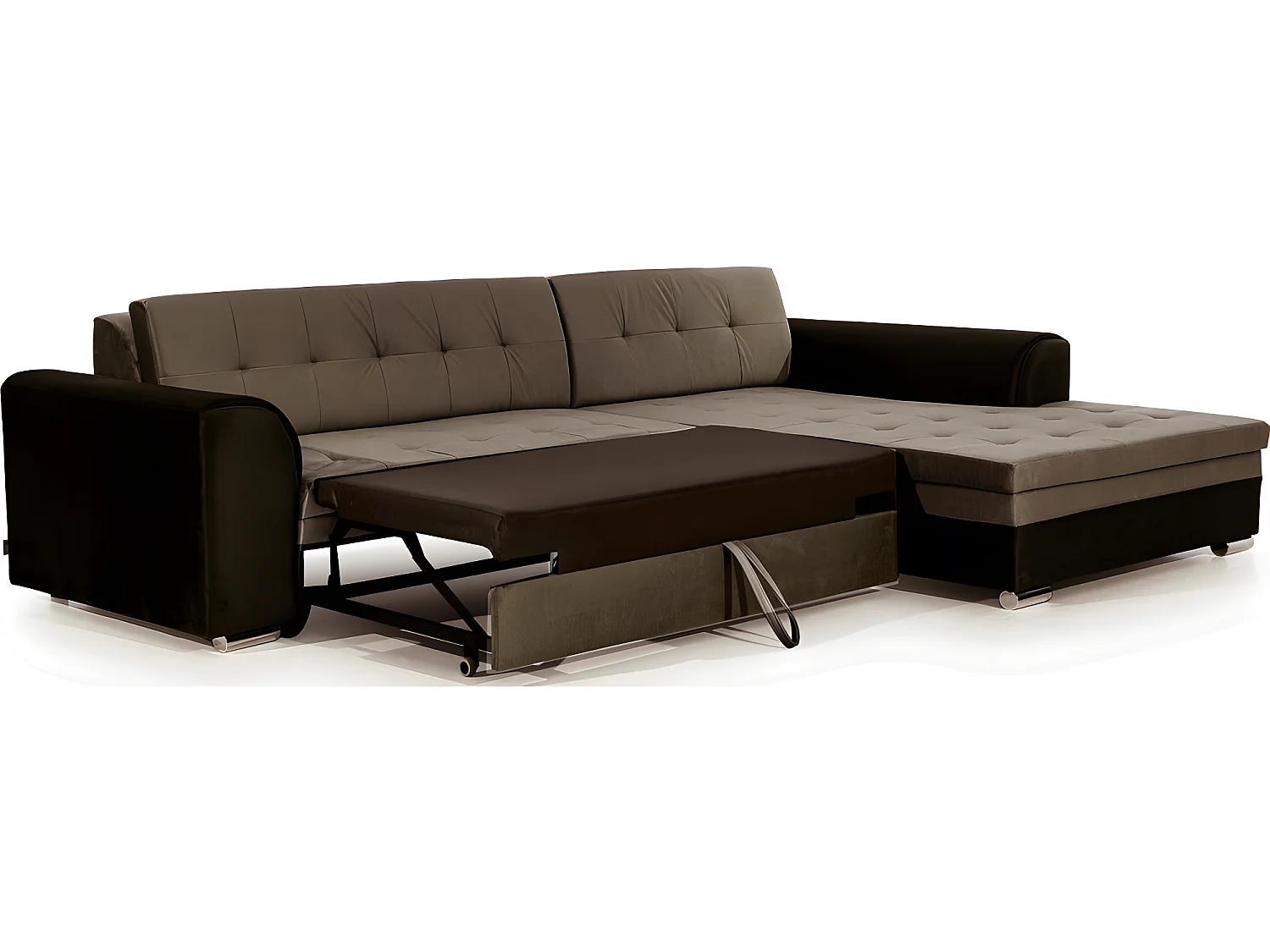 Canapé d'angle convertible en tissu velours Luxe, marron et chocolat, 5 places, angle droit (vu de face), SOHO VELOURS