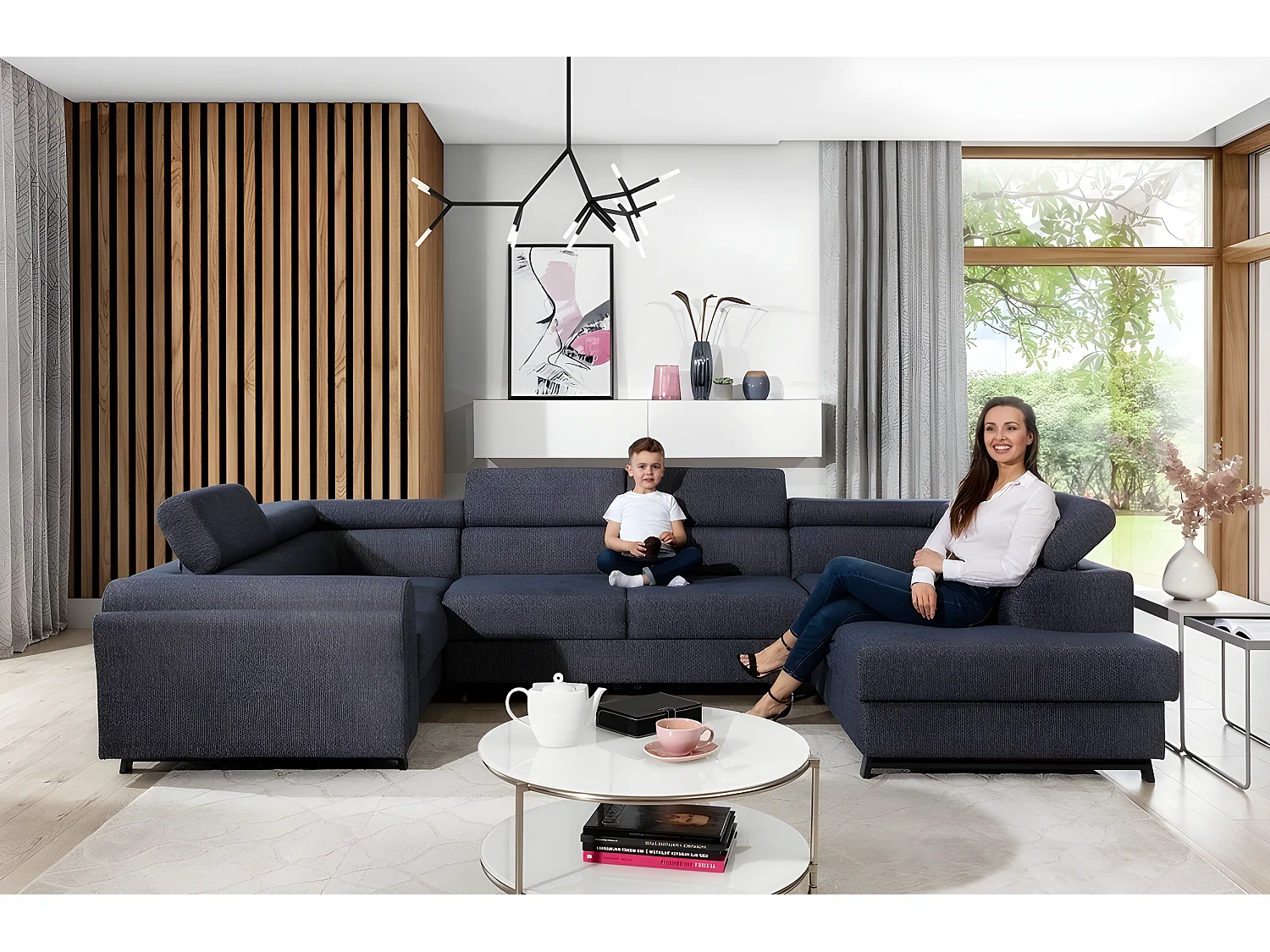 Canapé panoramique convertible, ESTEVE, en tissu prestige luxe gris,  7 places, partie sans accoudoir à droite (vu de face)