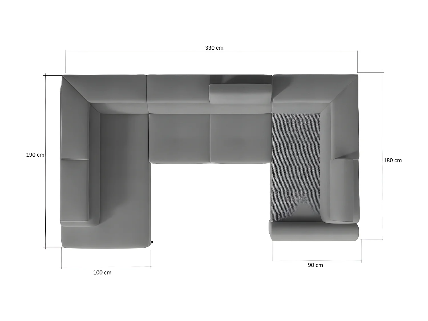 Canapé panoramique convertible, ESTEVE, en tissu prestige luxe gris,  7 places, partie sans accoudoir à droite (vu de face)