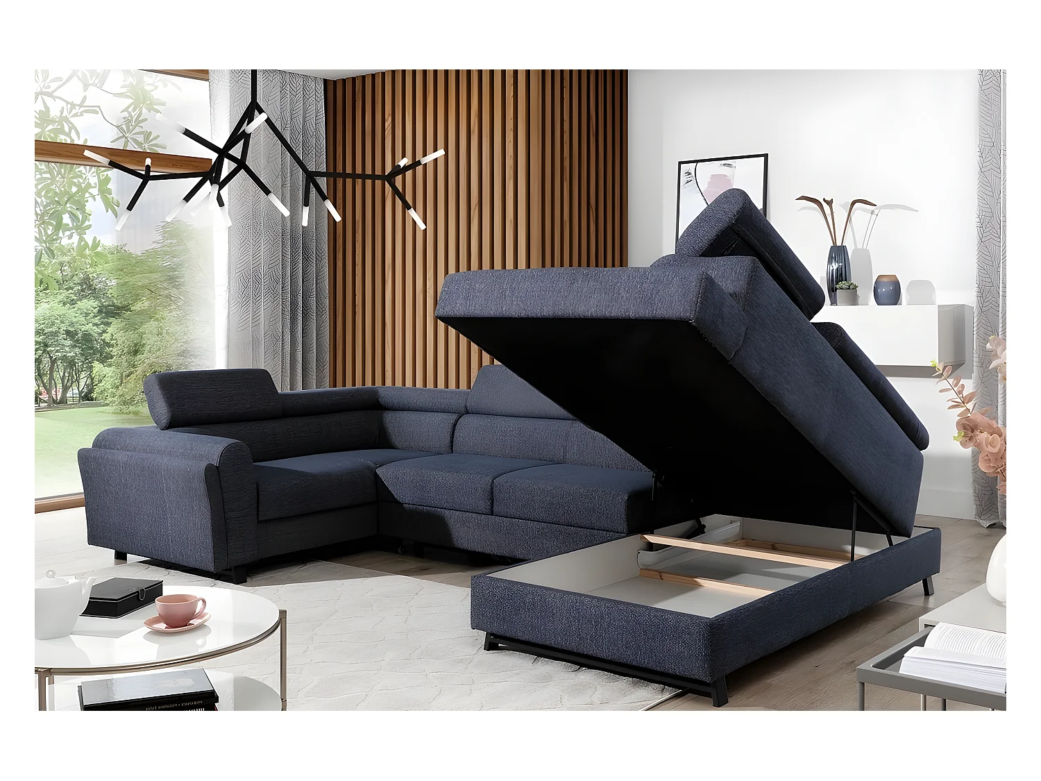 Canapé panoramique convertible, ESTEVE, en tissu prestige luxe gris,  7 places, partie sans accoudoir à droite (vu de face)
