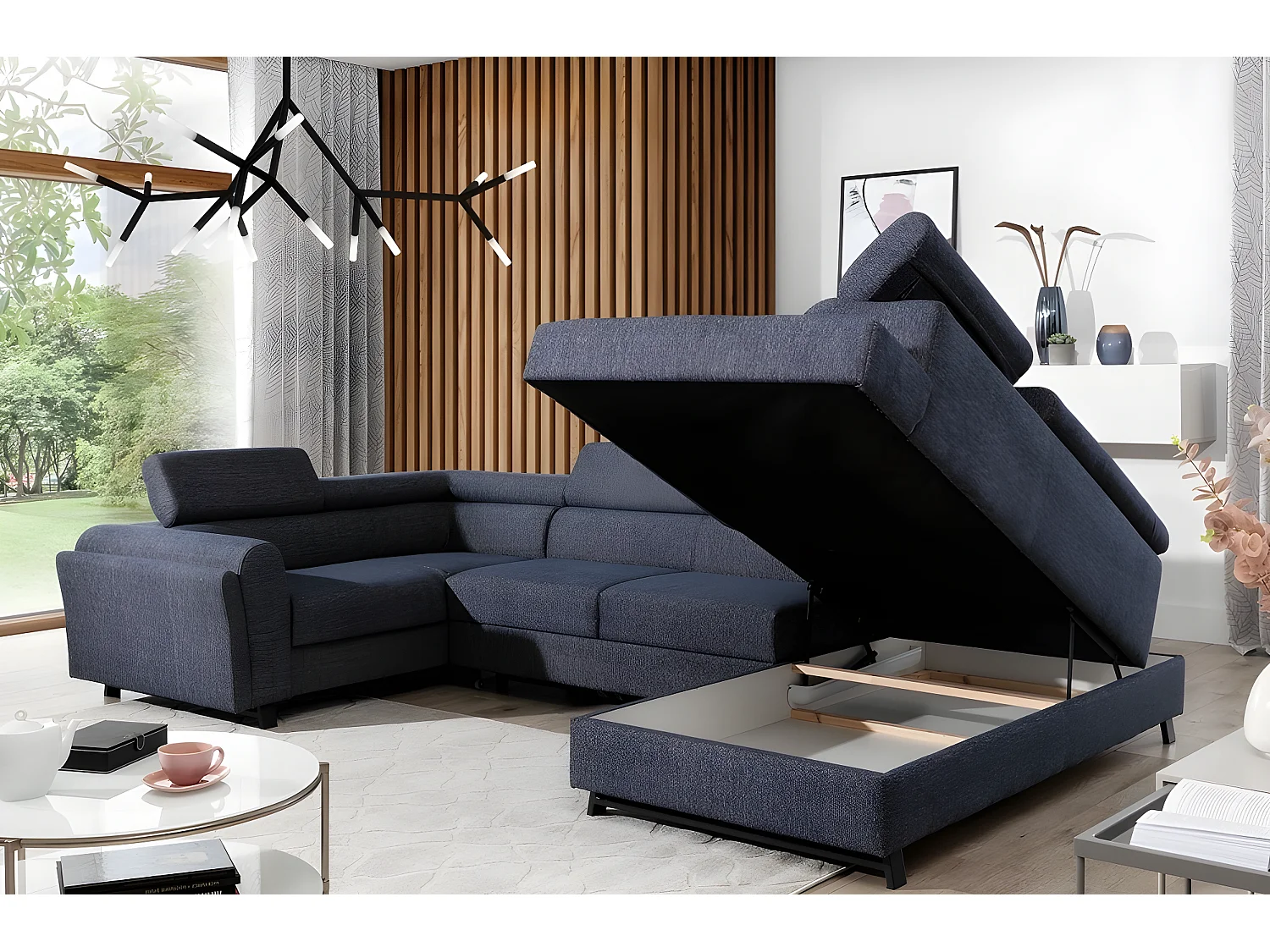 Canapé panoramique convertible, ESTEVE, en tissu prestige luxe gris,  7 places, partie sans accoudoir à droite (vu de face)