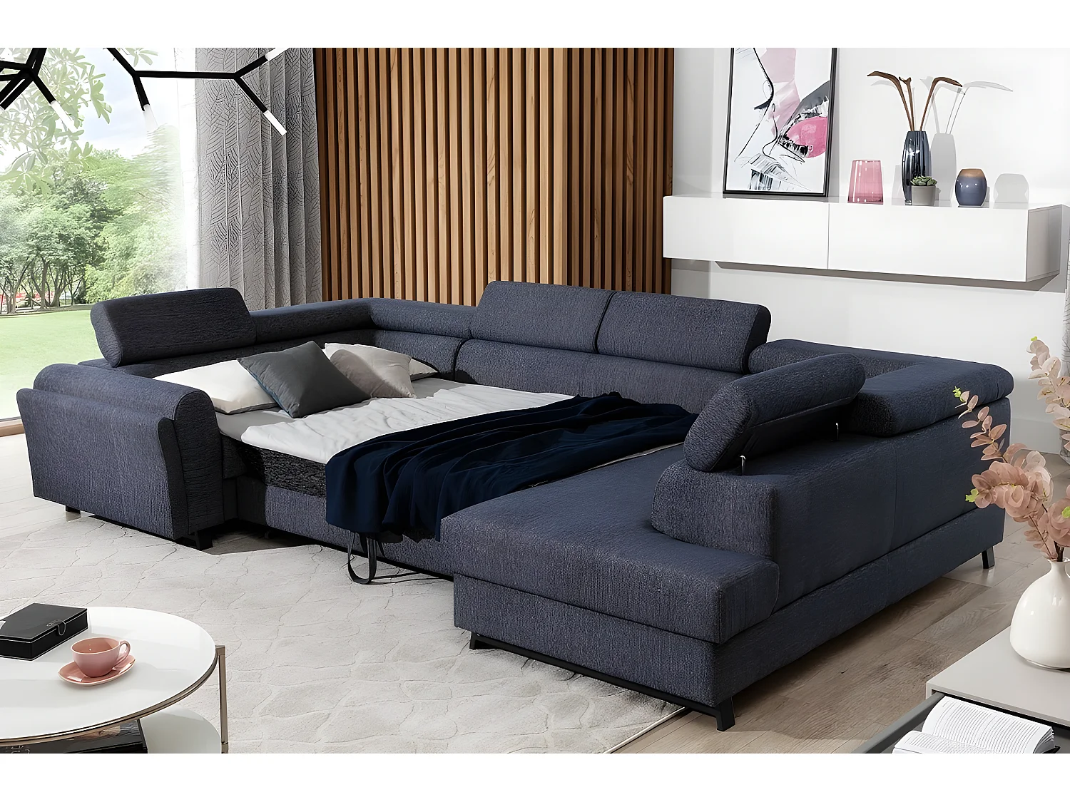 Canapé panoramique convertible, ESTEVE, en tissu prestige luxe gris,  7 places, partie sans accoudoir à droite (vu de face)