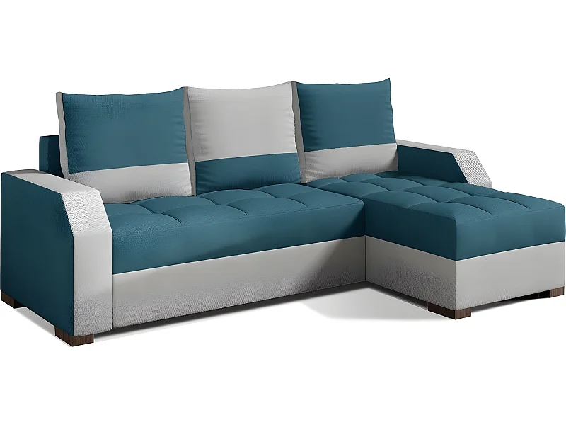 Hoekslaapbank ARTE in turquoise en grijze stof met opbergruimte en optimaal comfort