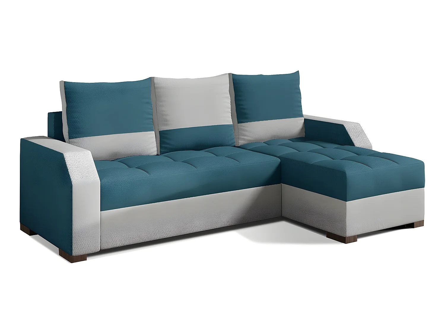 Canapé d'angle convertible - ARTE - en tissu de qualité - turquoise et gris, 3/4 places, angle droit (vu de face)
