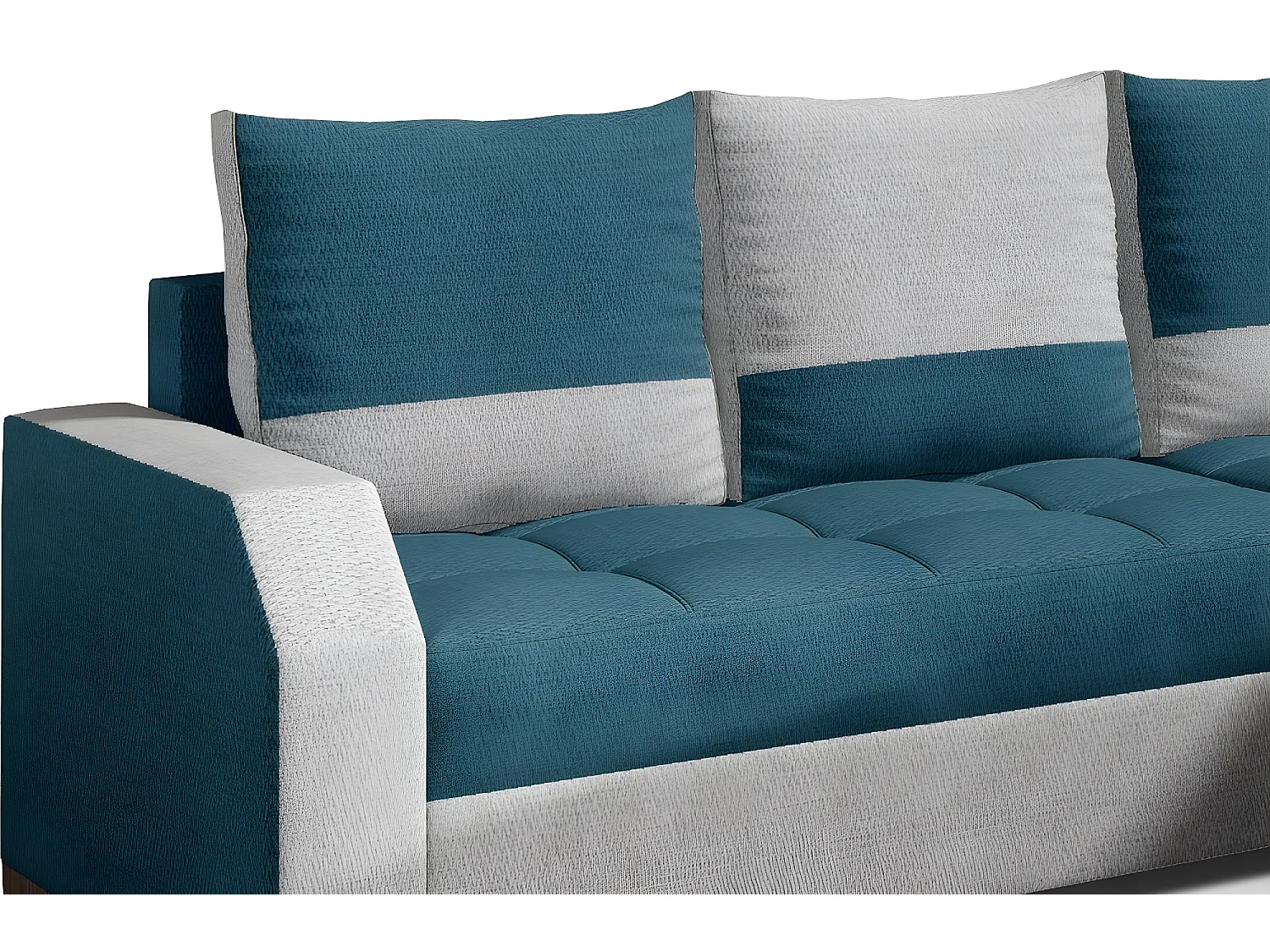 Canapé d'angle convertible - ARTE - en tissu de qualité - turquoise et gris, 3/4 places, angle droit (vu de face)