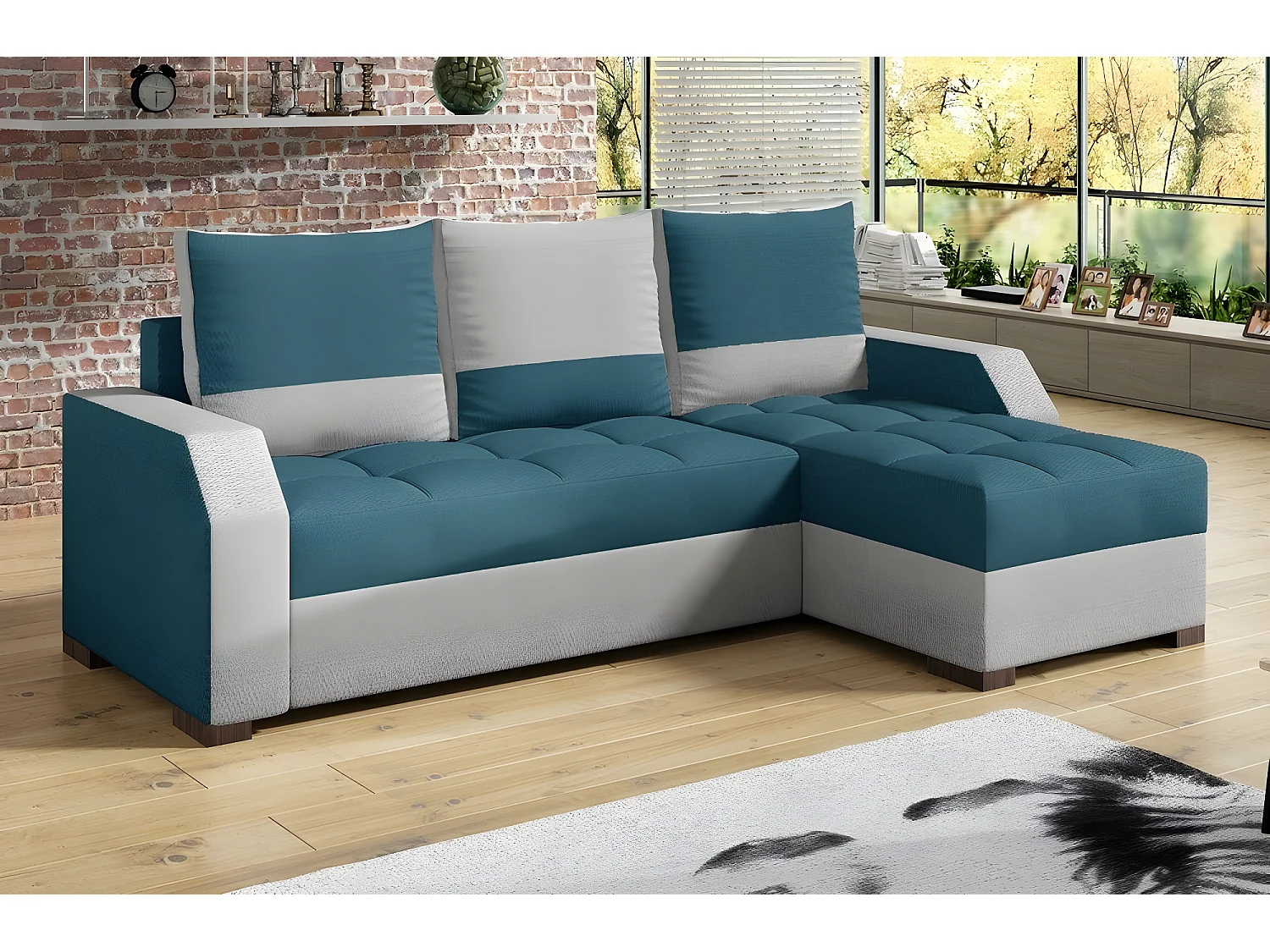 Canapé d'angle convertible - ARTE - en tissu de qualité - turquoise et gris, 3/4 places, angle droit (vu de face)