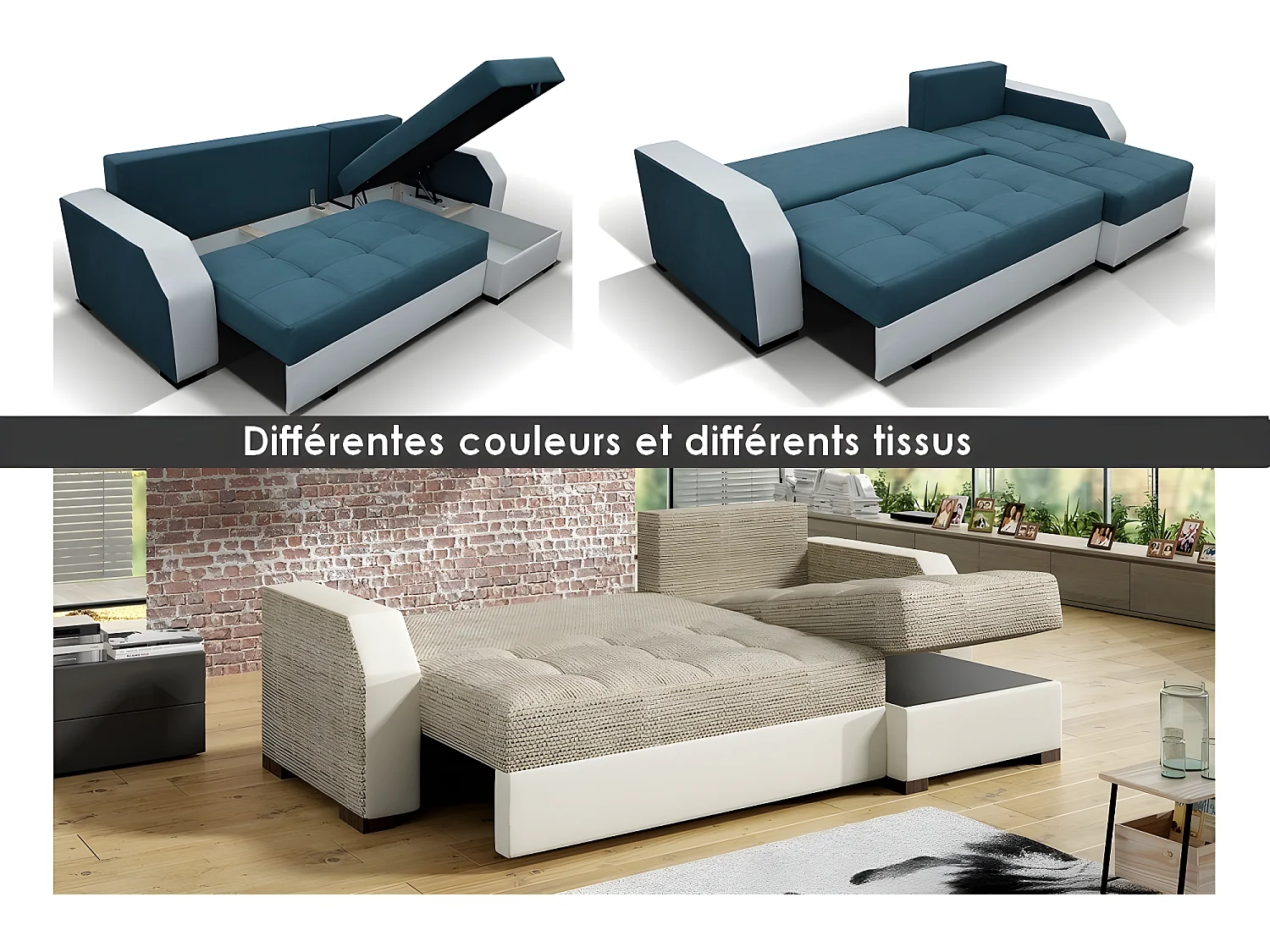 Canapé d'angle convertible - ARTE - en tissu de qualité - turquoise et gris, 3/4 places, angle droit (vu de face)