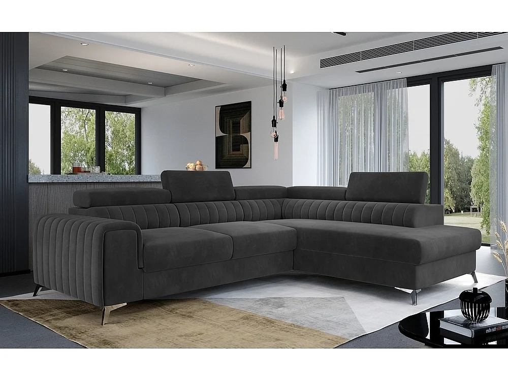Canapé d'angle convertible - LARRY VELOURS - en tissu Luxe gris foncé, 5 places, angle droit (vu de face)