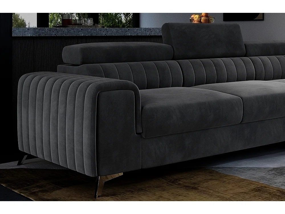 Canapé d'angle convertible - LARRY VELOURS - en tissu Luxe gris foncé, 5 places, angle droit (vu de face)