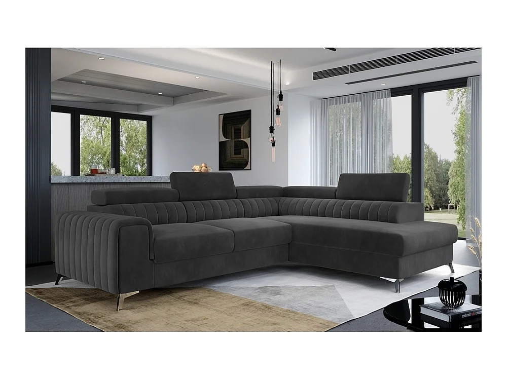 Canapé d'angle convertible - LARRY VELOURS - en tissu Luxe gris foncé, 5 places, angle droit (vu de face)