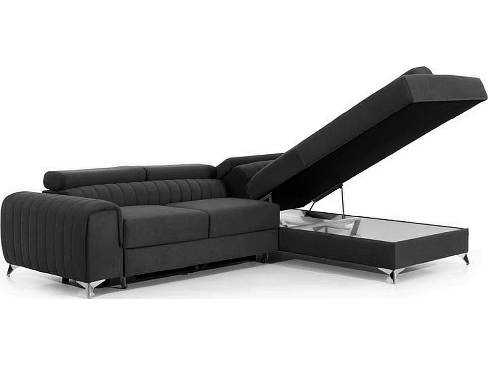 Canapé d'angle convertible - LARRY VELOURS - en tissu Luxe gris foncé, 5 places, angle droit (vu de face)