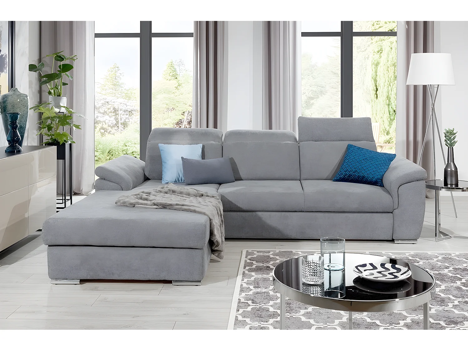 Canapé d'angle convertible en tissu Luxe, gris, 5 places, angle gauche (vu de face) , TRESOR