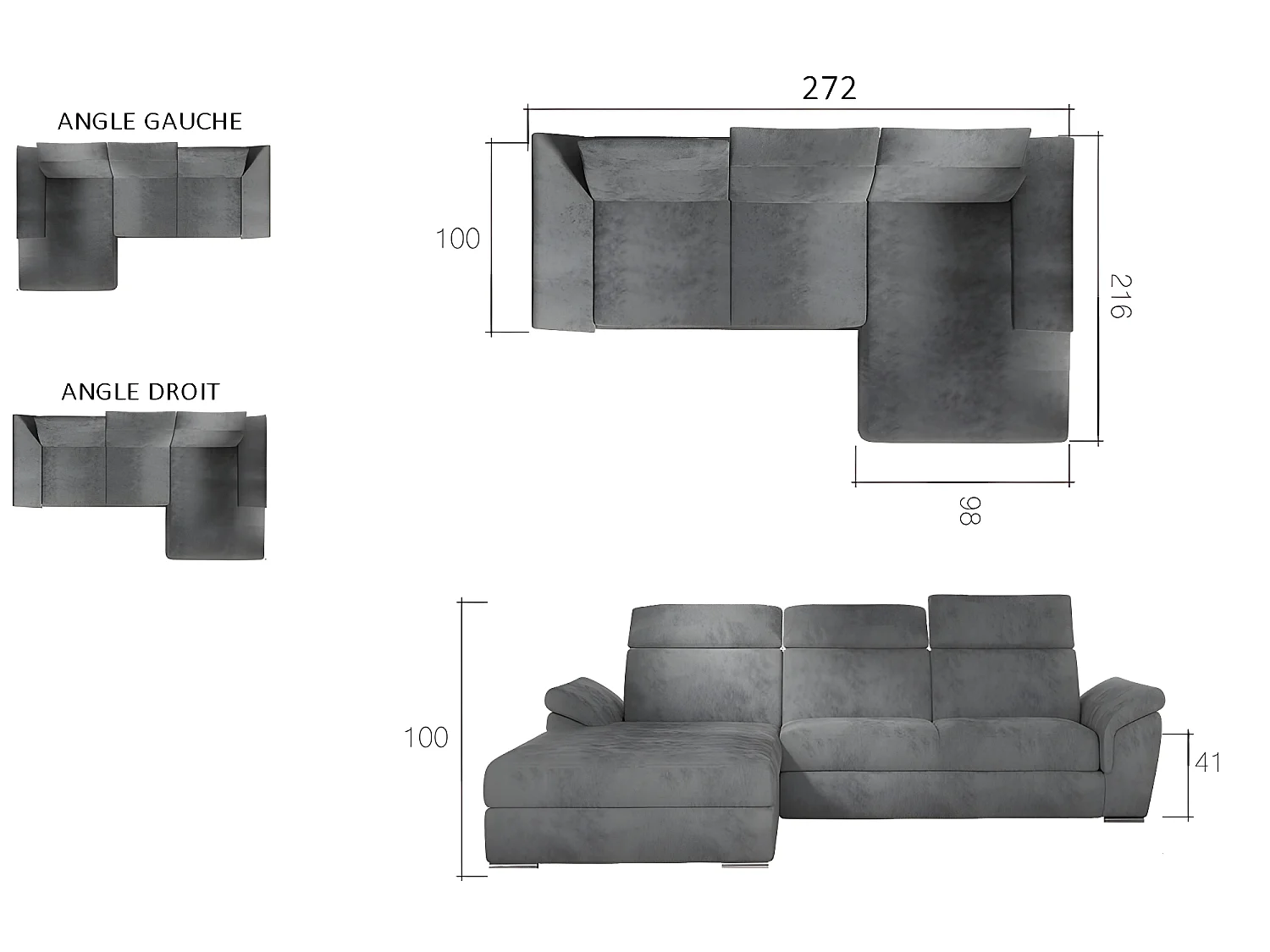 Canapé d'angle convertible en tissu Luxe, gris, 5 places, angle gauche (vu de face) , TRESOR